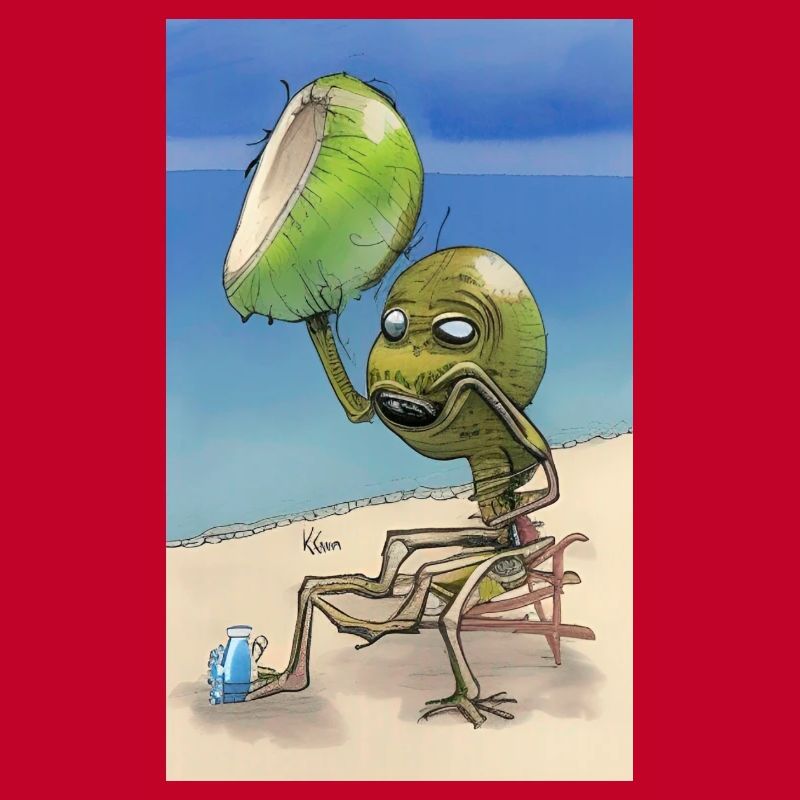 Crazy Comic Alien on a beach with a space coconut