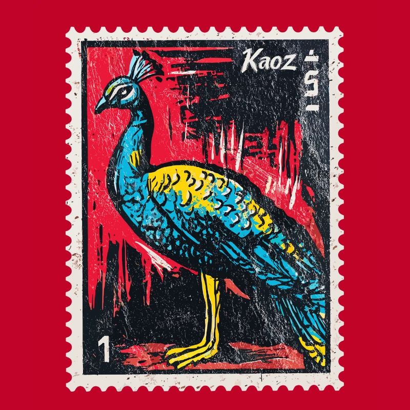 Peacock on stamp – elegant & colourful