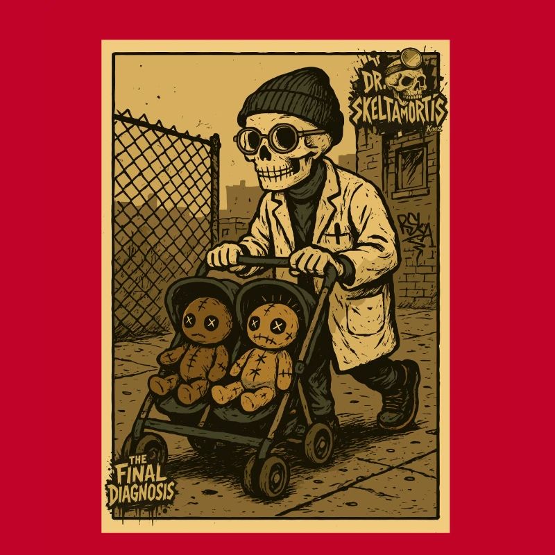 Dr Skeltamortis with voodoo dolls in a stroller