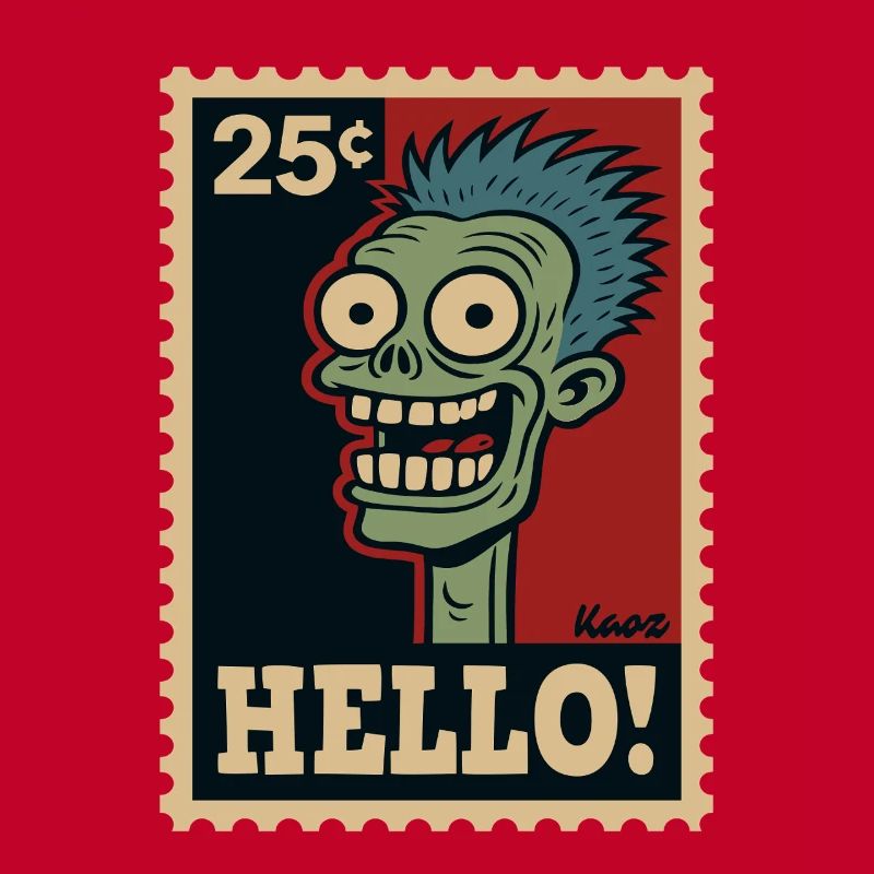 Comic zombie on postage stamp with "HELLO!"