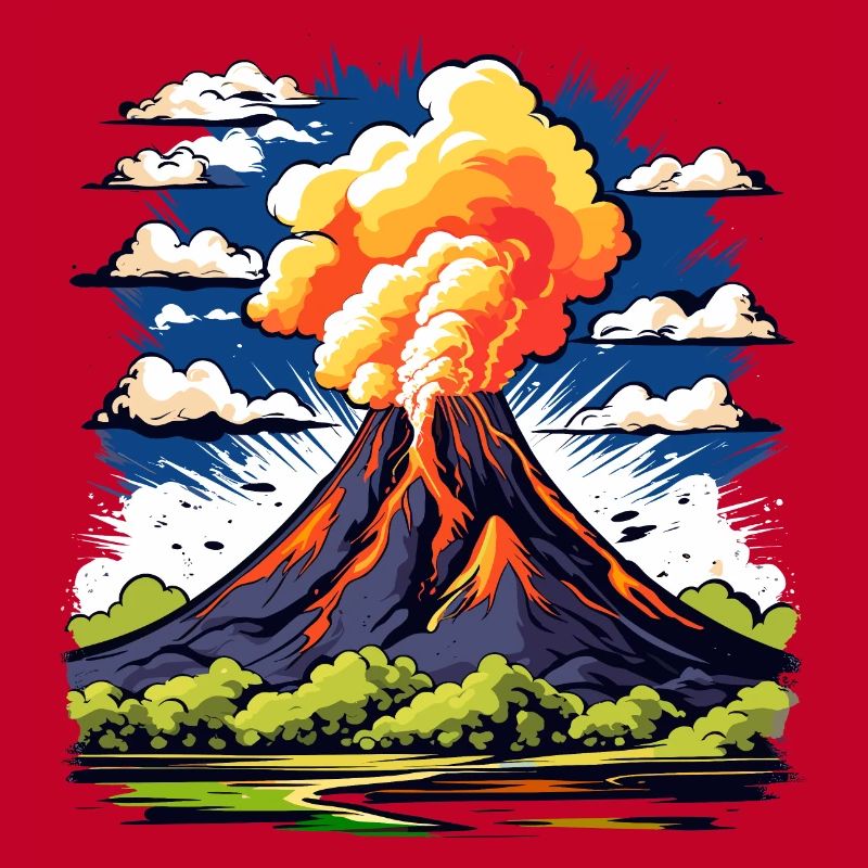 active volcano with ash cloud and lava flows