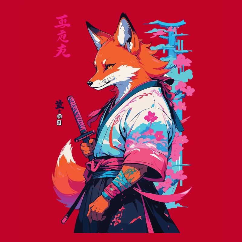 Kitsune Samurai Fox Aesthetic Vaporwave Style