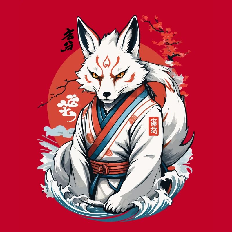 Kitsune Samurai Fox Vintage Ukiyo-e Style