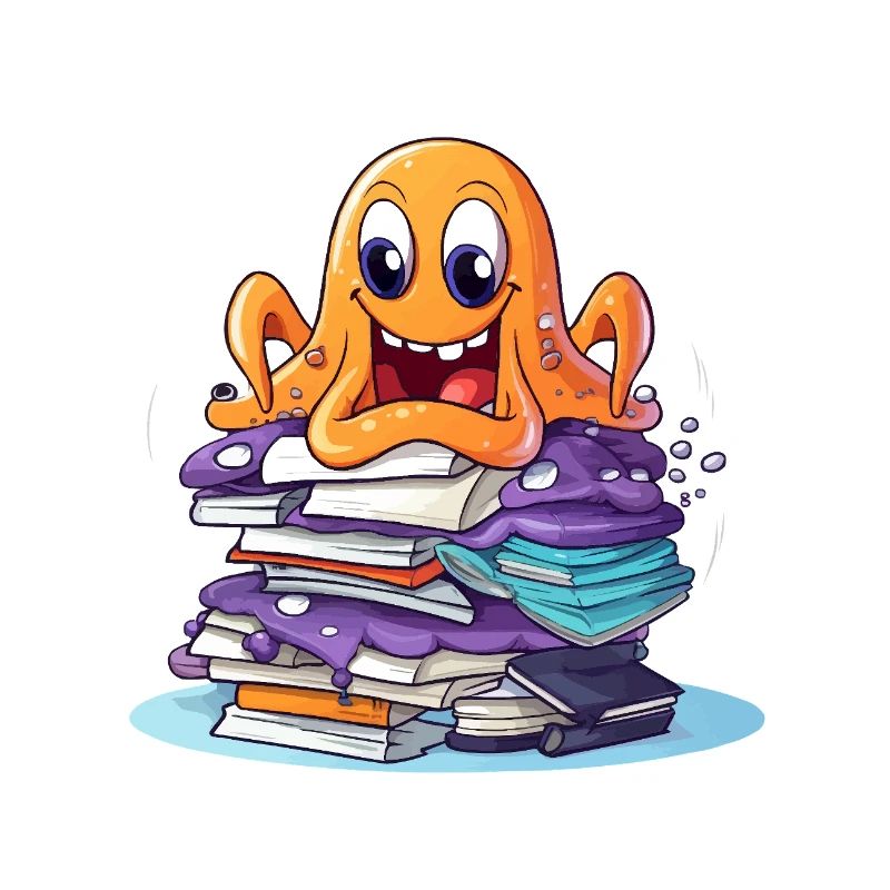 Learning octopus with stack of books