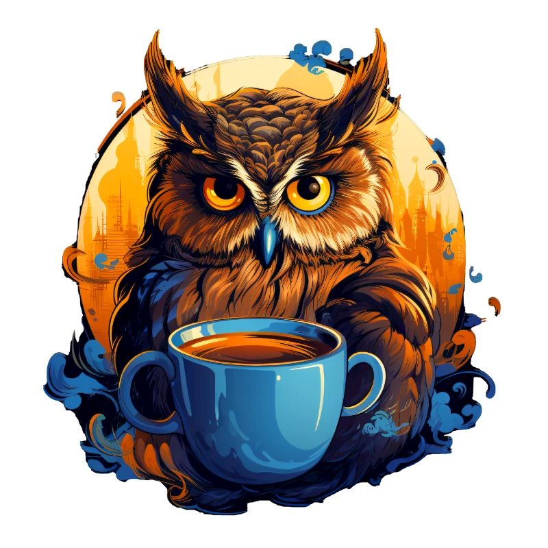 Le hibou grand-duc devant sa tasse de café