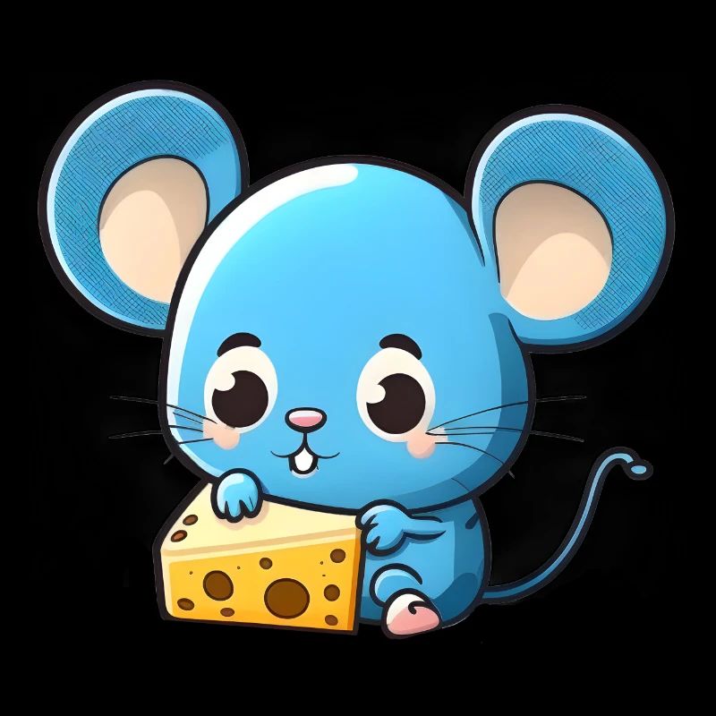Little blue comic mouse plays with cheese