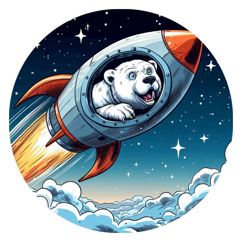 aufgeregter Eisbär in einer Rakete Comic