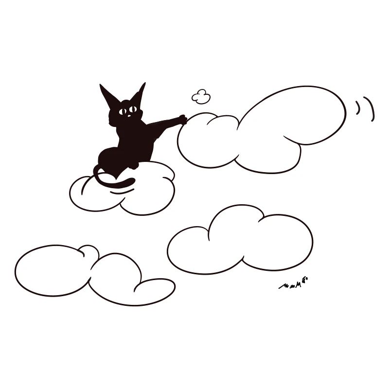 A cute black kitty poking a fluffy cloud. Comical.