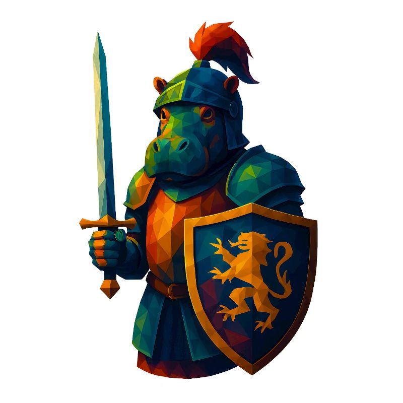 Animaux de style WPAP - Hippopotame avec armure de chevalier, épée