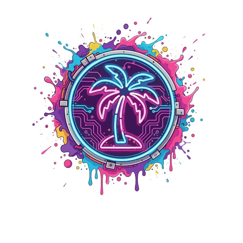Neon palm tree in cyber circle