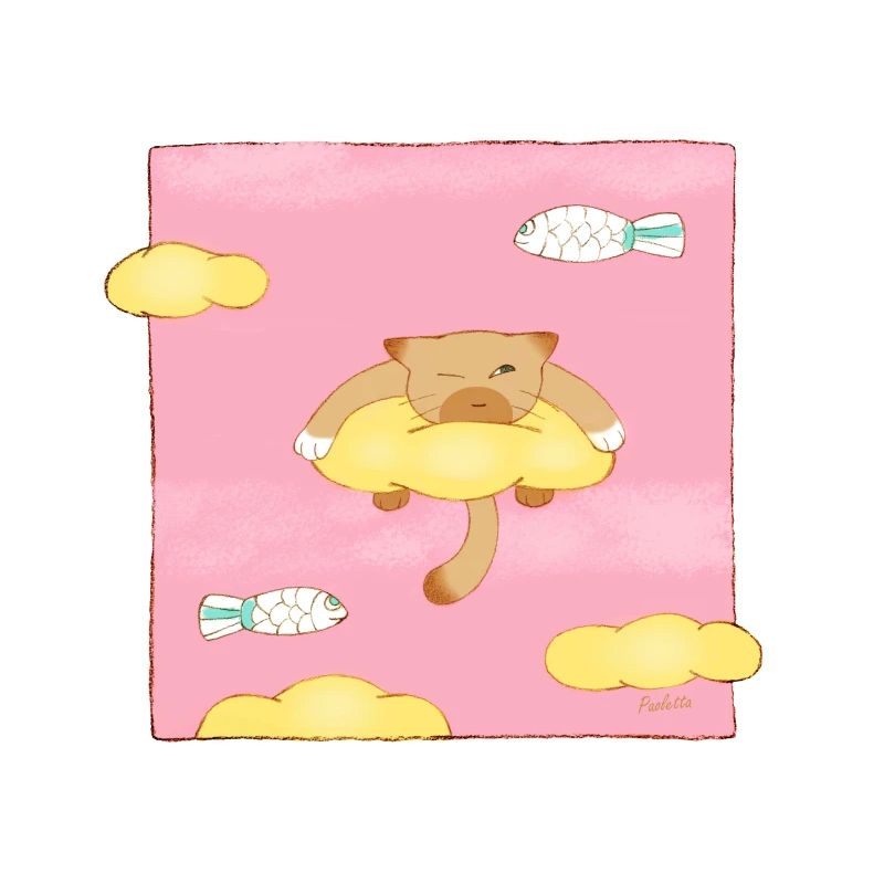 Cat on clouds with outstretched fish