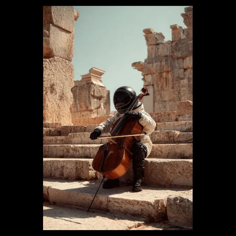 Futuristic Astronaut Playing Cello on Ancient Step