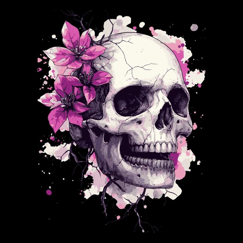 Schädel mit pinken Blumen & Farbklecksen