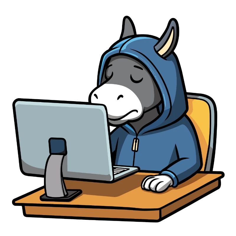 Un mignon âne hacker dort dans un sweat à capuche devant le PC