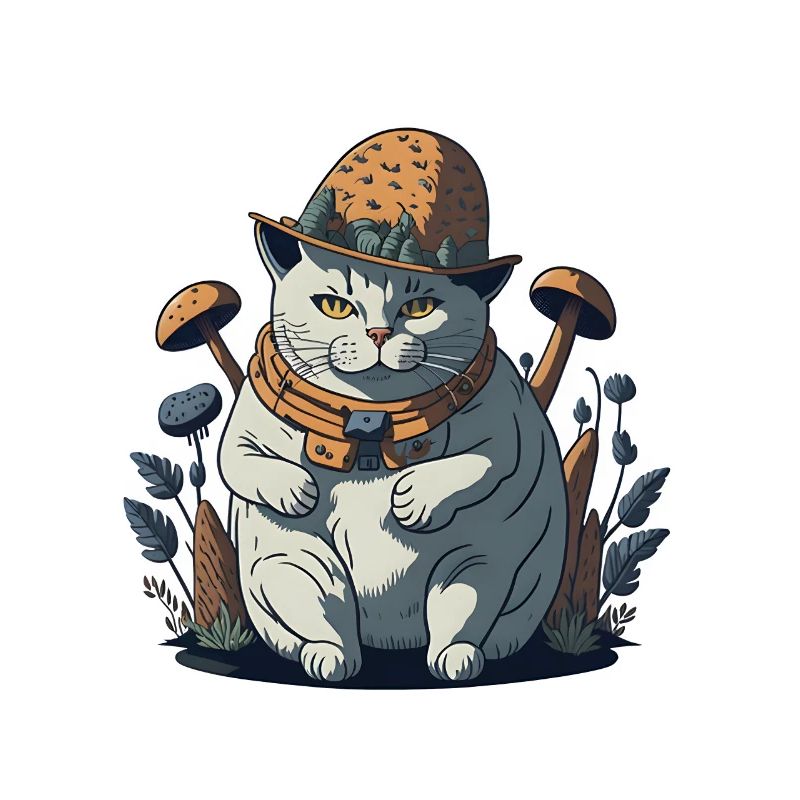Fette Cottagecore-Katze mit Pilzhut