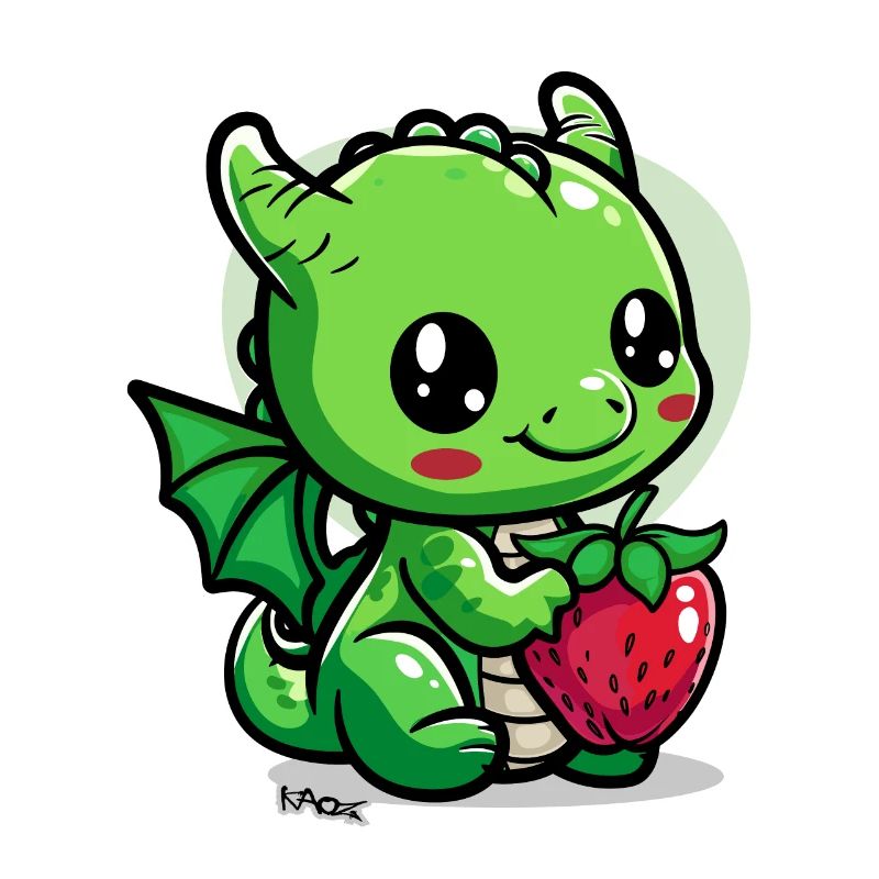 Ein kleiner süßer Drache mit einer Erdbeere