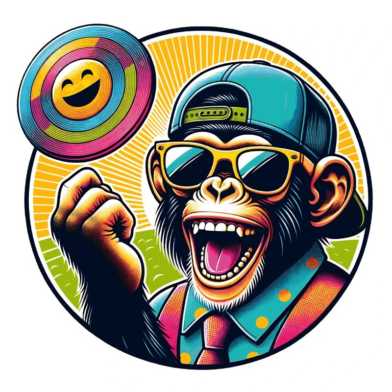 Schimpanse mit Sonnebrille, Basecap und Frisbee