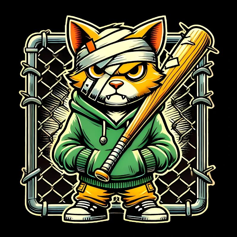 Fierce Cat with Bat Graphic Design