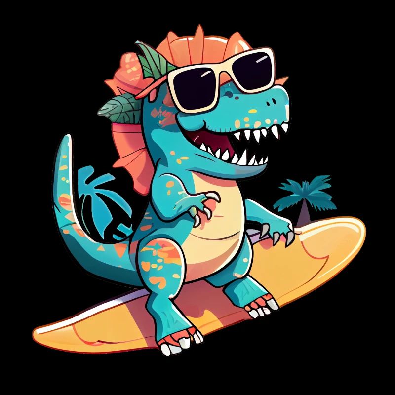 Dino Dinosaurier auf Surfboard mit Sonnenbrille