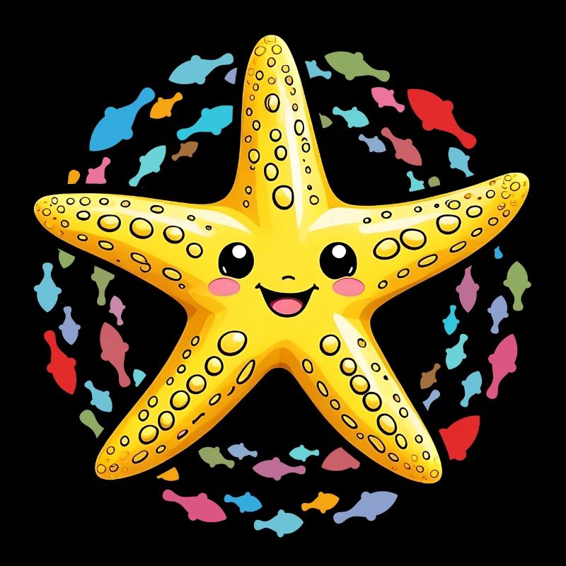 Laughing yellow starfish with many fish