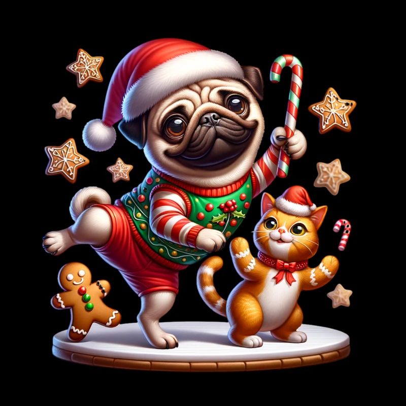 Mops Tanzt mit Katze & Lebkuchenmann Xmas