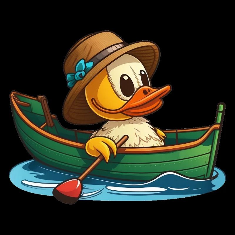Canard mignon en bateau à rames avec chapeau d’été et fleur