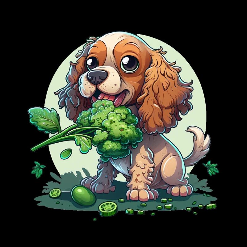Cute dog eats broccoli vegetables