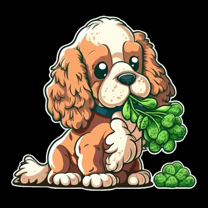 Cute dog eats broccoli vegetables
