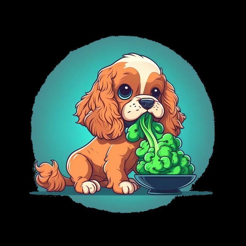 Cute dog eats broccoli vegetables