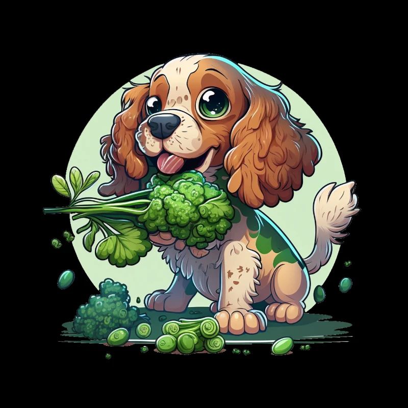 Cute dog eats broccoli vegetables