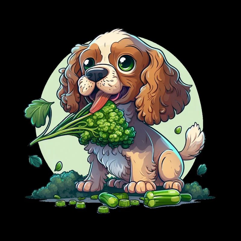 Cute dog eats green broccoli green vegetables