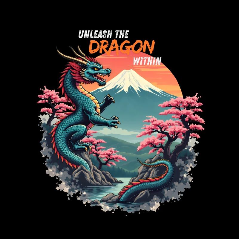 Japanischer Drache am Mount Fuji mit Kirschblüten