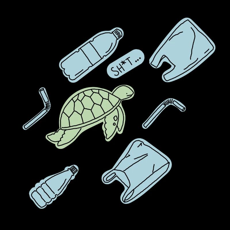 A turtle surrounded by plastic waste