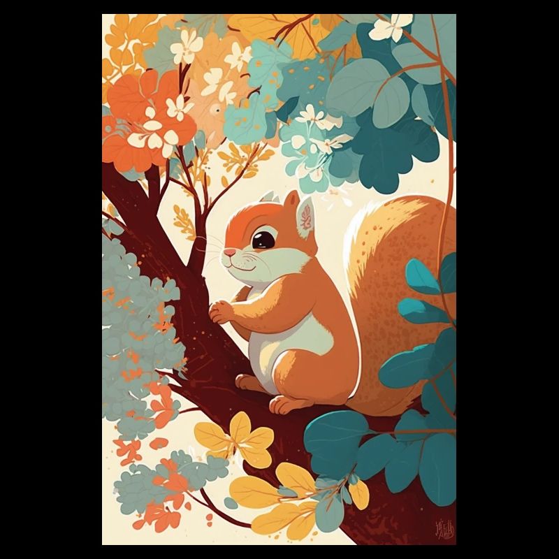 Cute squirrel on a branch surrounded by flowers