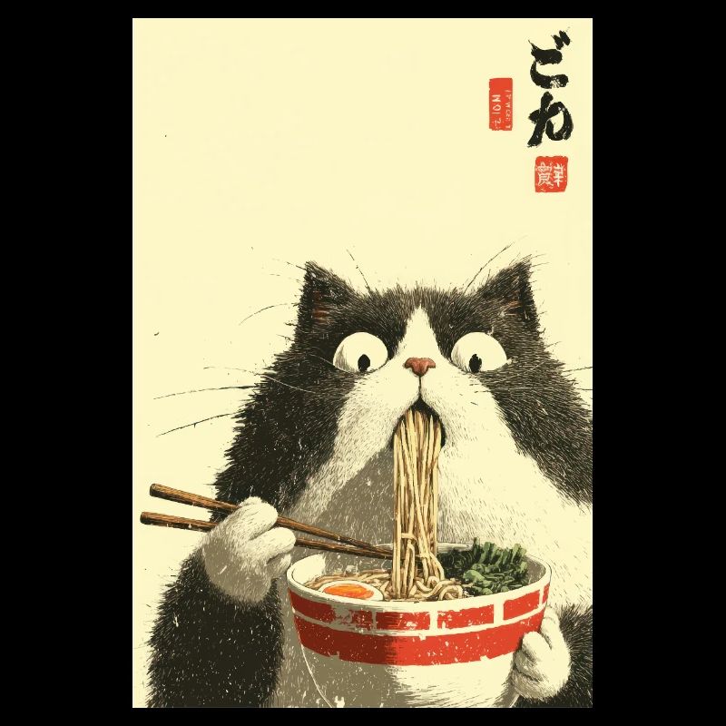 Surprised Cat Eating Ramen
