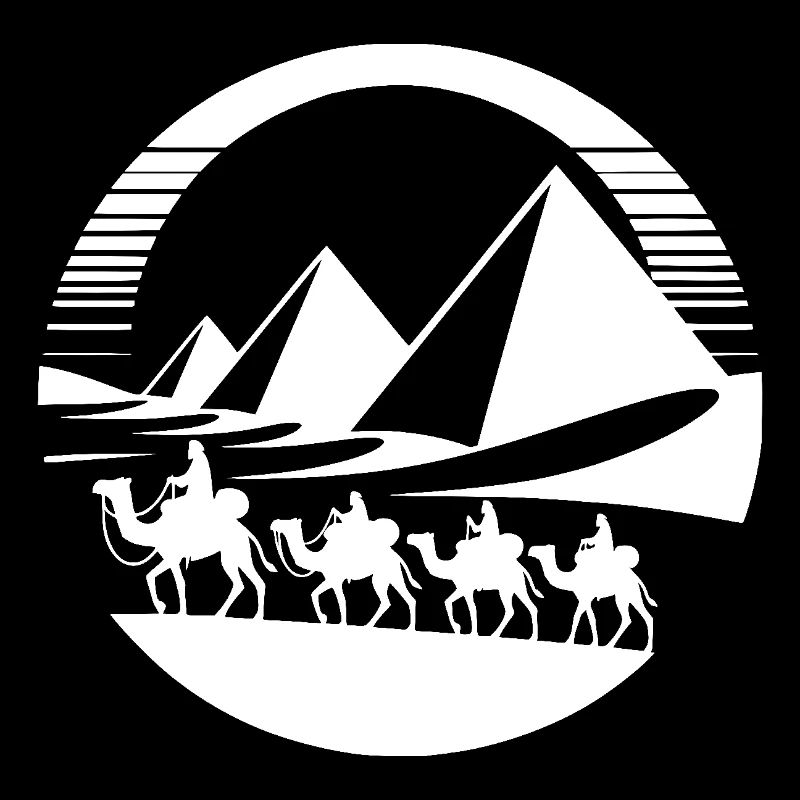 Desert caravan with pyramids in the background
