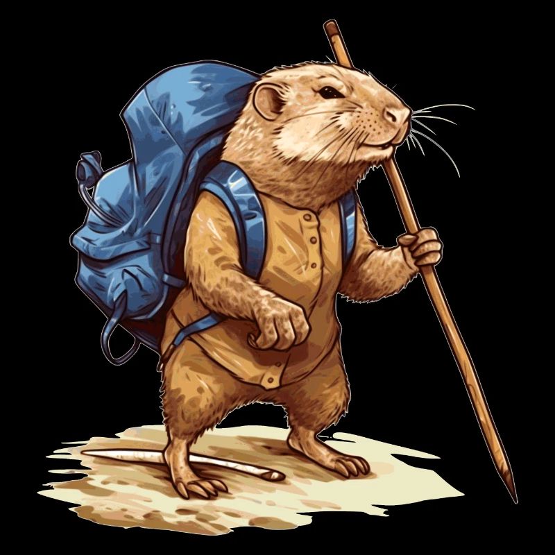 Mole rat with backpack and walking stick