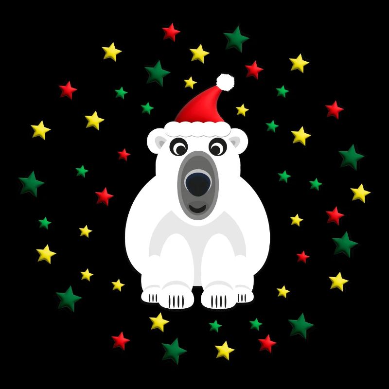 Eisbär mit Weihnachtsmütze und Sternen.