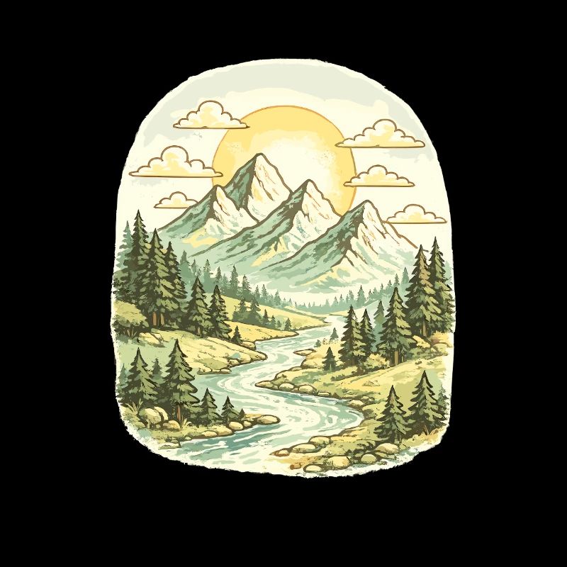 Mountain panorama morning light forest river