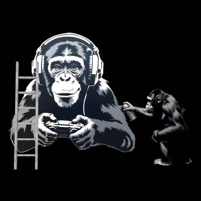 GRAFFITI BANKSY STYLE - SCHIMPANSE SPIELT COMPUTER GAM