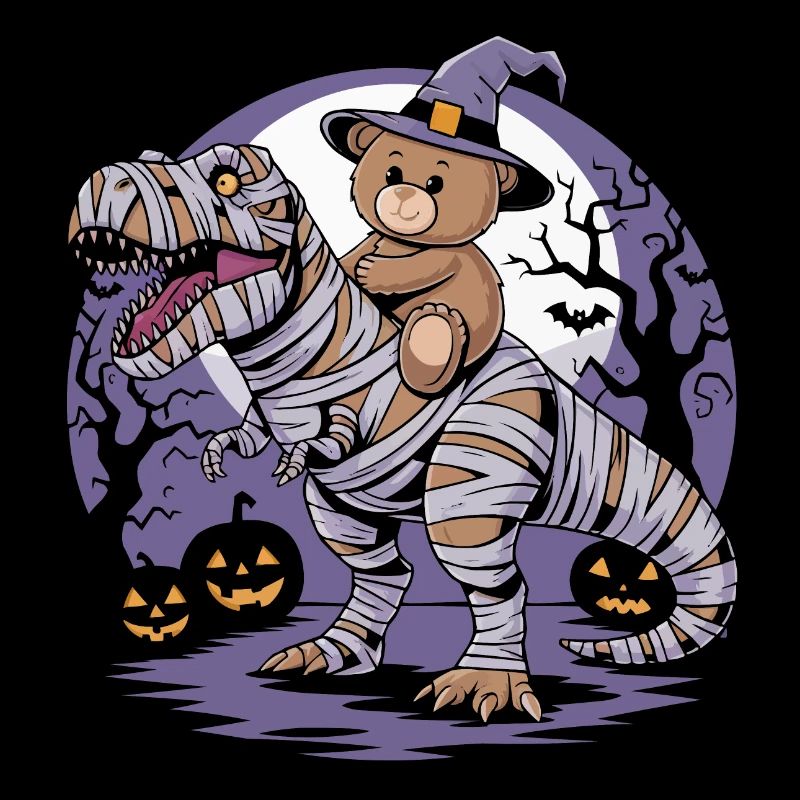 Teddybär reitet einen Dinosaurier an Halloween