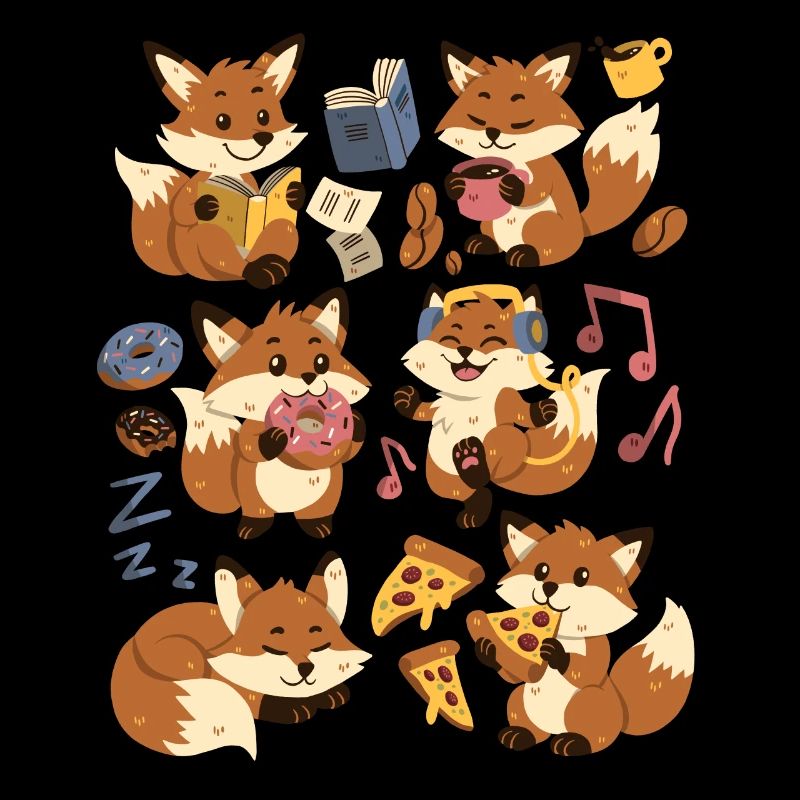 Fuchs: Pizza, Donut, Kaffe, Musik, Buch lesen