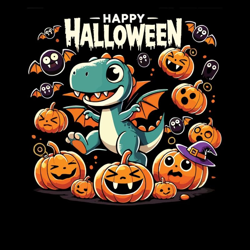 T-Rex avec des ailes de vampire chasse les citrouilles Halloween