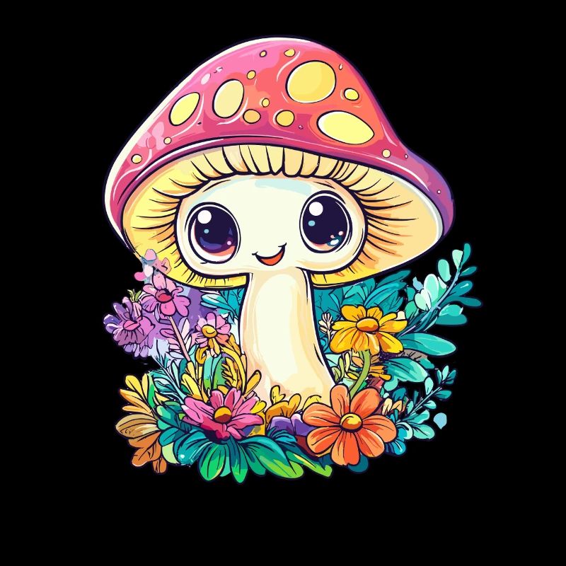 champignon heureux dans le champ de fleurs