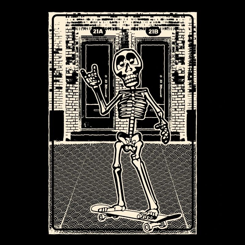 Skeleton with skateboard in front of brick masonry