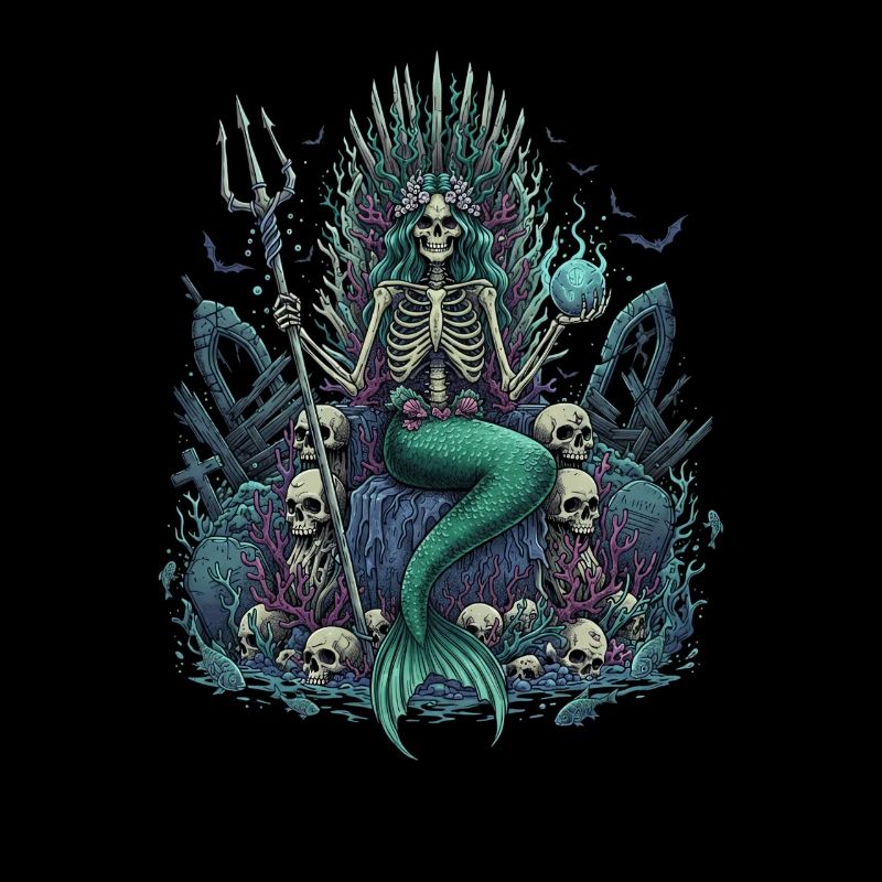 Skeleton Mermaid with Skulls