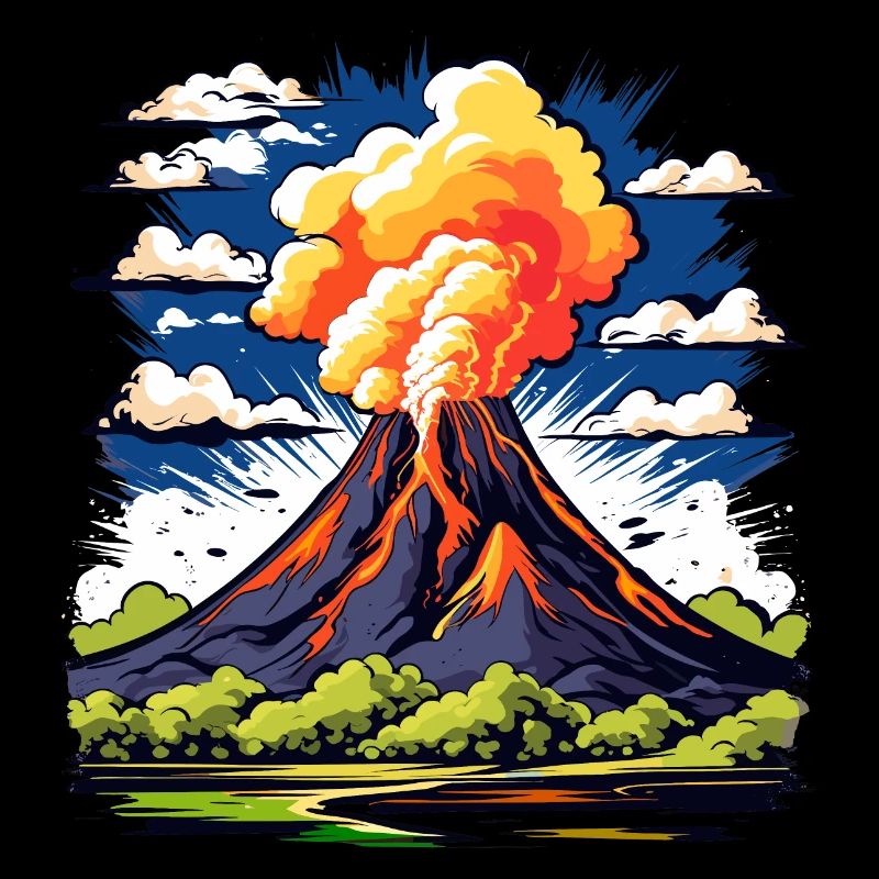 active volcano with ash cloud and lava flows