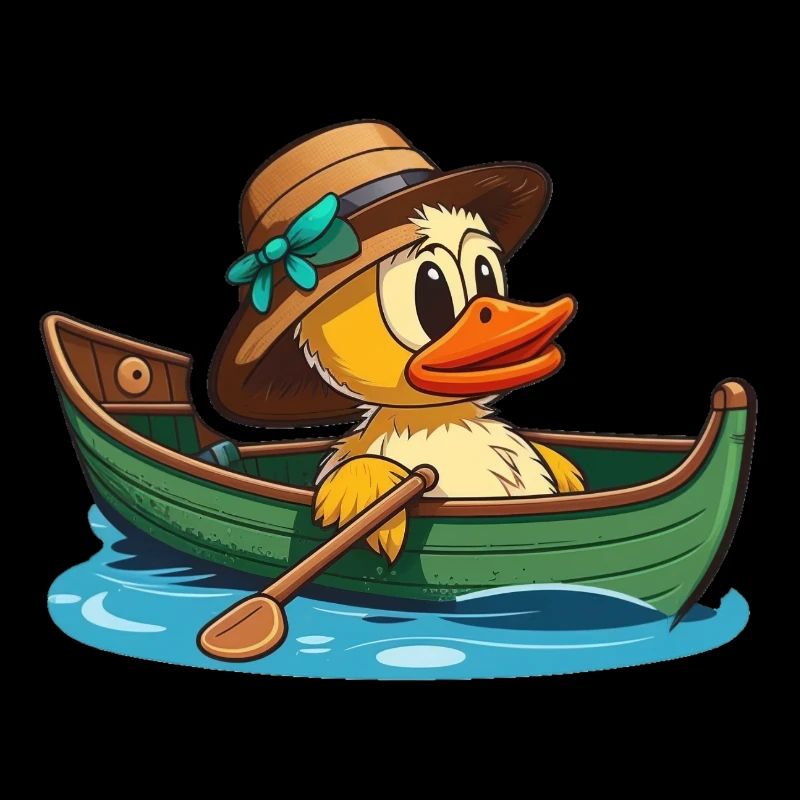 Canard jaune en bateau à rames avec chapeau d’été et fleur
