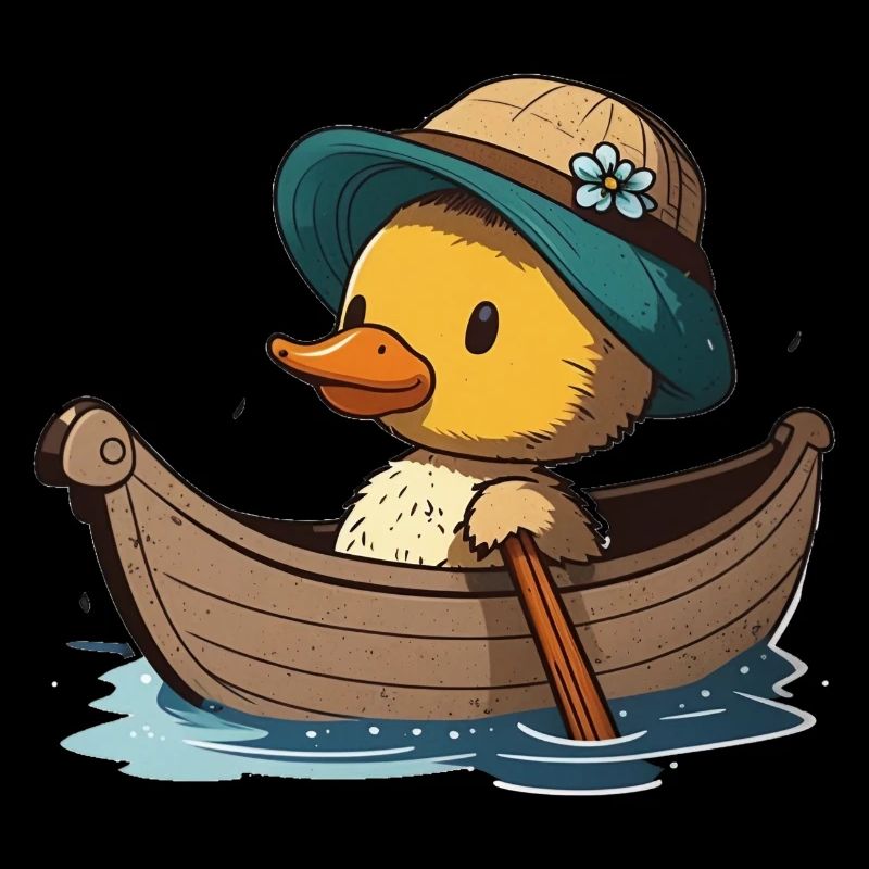 Canard mignon en bateau à rames avec chapeau d’été et fleur