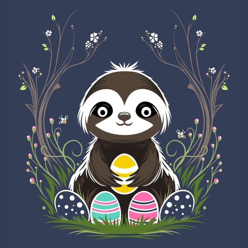 Easter Sloth with Easter Eggs in Spring